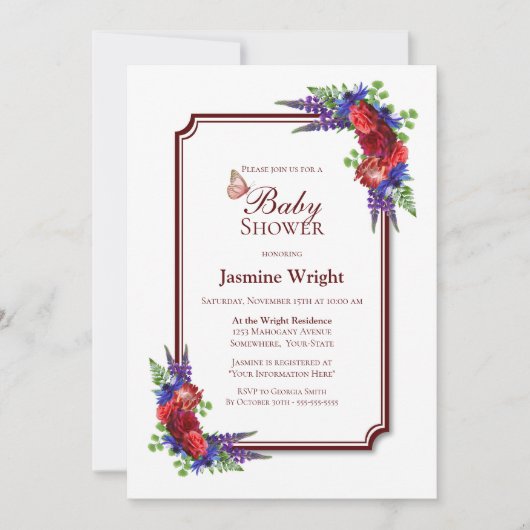 バーガンディバラフローラベビーシャワー 招待状 (正面)