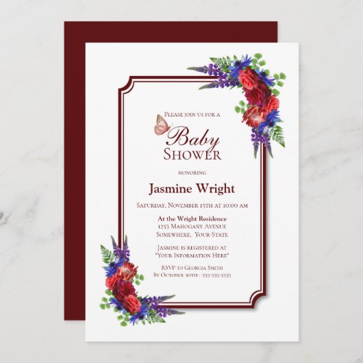 バーガンディバラフローラベビーシャワー 招待状 (正面/裏面)