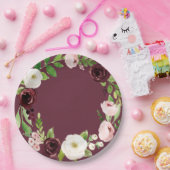 バーガンディバラ水彩フローラベビーシャワープレート ペーパープレート (パーティー)