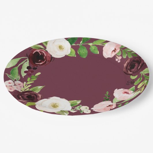 バーガンディバラ水彩フローラベビーシャワープレート ペーパープレート (アングル)