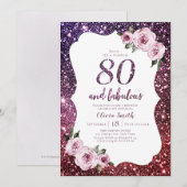 バーガンディパープルのグリッターと花の80歳の誕生日 招待状 (正面/裏面)