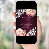 バーガンディピンクのローズゴールドの花柄レースのウェディング 招待状