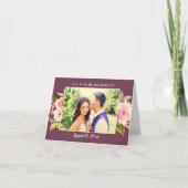 バーガンディピンクの水彩花の結婚式写真 サンキューカード (正面)