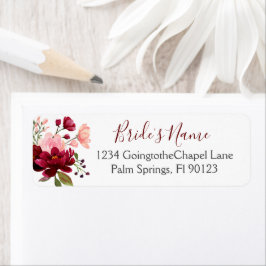 バーガンディピンクの水彩花イラストのブライズシャワー ラベル