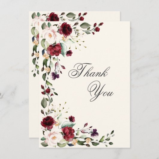 バーガンディピンクの水彩花  サンキューカード (正面/裏面)