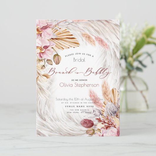 バーガンディピンクの花のイボンヌパンパスグラス招待状 招待状 (スタンド正面)