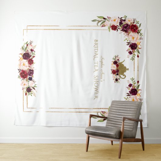 バーガンディピンクの花のブライダルシャワーティーの写真小道具 タペストリー (インサイチュ(横))