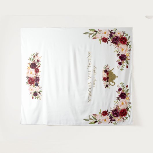 バーガンディピンクの花のプリンセスシャワーお茶の写真撮影ブース タペストリー (正面(横))