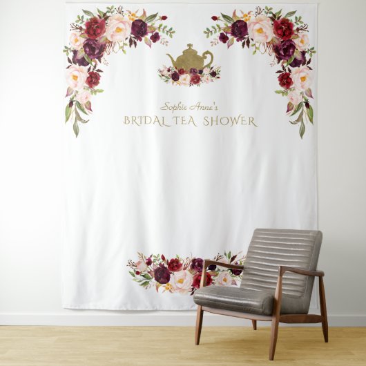 バーガンディピンクの花のプリンセスシャワーお茶の写真撮影ブース タペストリー (インサイチュ)