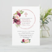 バーガンディピンクの花モチーフ ゴールド 1歳誕生日 & 洗礼 招待状 (スタンド正面)