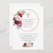 バーガンディピンクの花モチーフ ゴールド 1歳誕生日 & 洗礼 招待状 (正面/裏面)