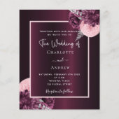 バーガンディピンクの花柄の予算ウェディング招待状 チラシ (正面)