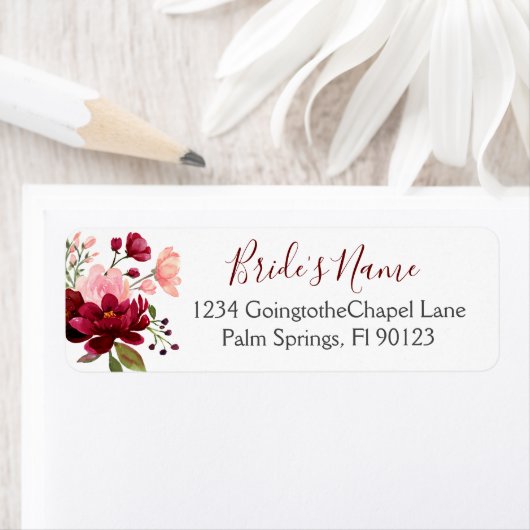 バーガンディピンクウォーター色フローラブライダルシャワー ラベル (インサイチュ)