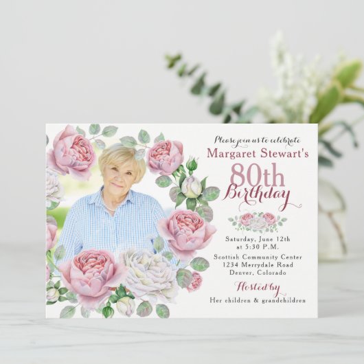 バーガンディピンクカントリーバラリースフォト誕生日 招待状 (スタンド正面)