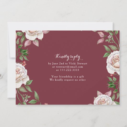 バーガンディピンクカントリーバラリースフォト誕生日 招待状 (裏面)