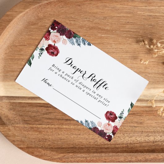 バーガンディピンクネイビーフローラおむつラッフルチケット エンクロージャーカード