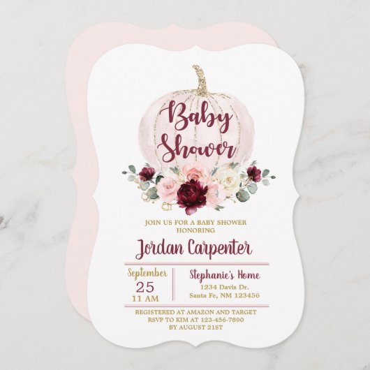 バーガンディピンクパンプキンベビーガールシャワー招待状 招待状 (正面/裏面)