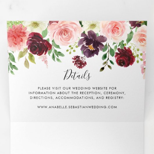 バーガンディピンクパープル春結婚フローラ 三つ折り招待状 (内部最初)