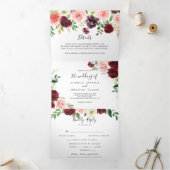 バーガンディピンクパープル春結婚フローラ 三つ折り招待状 (内部)