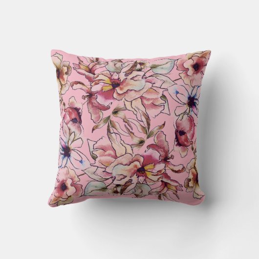 バーガンディピンクブルーフローラガーランドウォーター色 クッション (裏面)