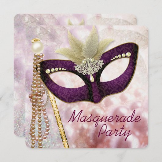 バーガンディピンクマスカレードパーティー 招待状 (正面/裏面)