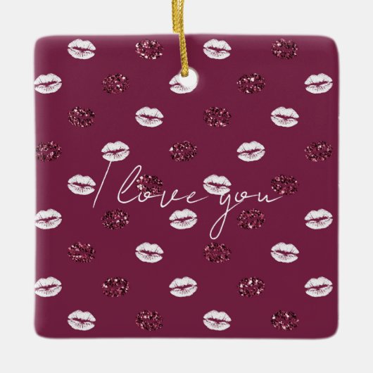 バーガンディピンクレッドグリッターホワイトキスリップ セラミックオーナメント (正面)