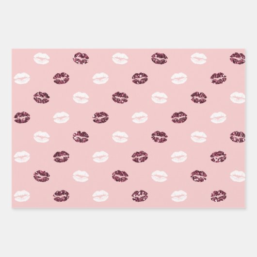 バーガンディピンクレッドグリッターホワイトキスリップ ラッピングペーパーシート (正面3)