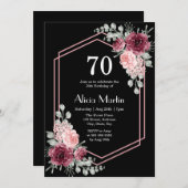 バーガンディピンクローズグリーンリーエレガントフローラ誕生日 招待状 (正面/裏面)