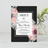 バーガンディピンクローズフラワースウィート16ブラック誕生日 招待状 (スタンド正面)