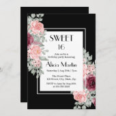 バーガンディピンクローズフラワースウィート16ブラック誕生日 招待状 (正面/裏面)