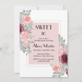 バーガンディピンクローズフラワースウィート16白誕生日 招待状 (正面)