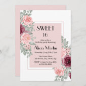 バーガンディピンクローズフラワースウィート16白誕生日 招待状 (正面/裏面)