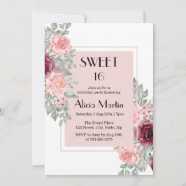 バーガンディピンクローズフラワースウィート16白誕生日 招待状