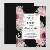 バーガンディピンクローズフローラスウィート16ブラック誕生日 招待状 (正面/裏面)
