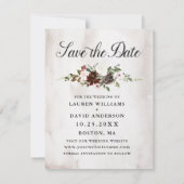 バーガンディピンクローズフローラ結婚式の日付を保存 案内状 (裏面)