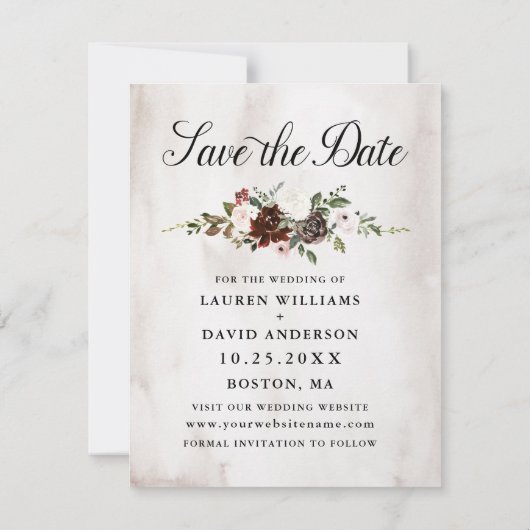 バーガンディピンクローズフローラ結婚式の日付を保存 案内状 (裏面)