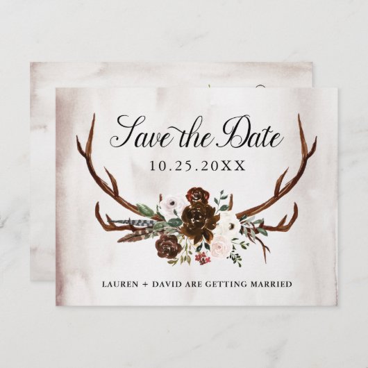 バーガンディピンクローズフローラ結婚式の日付を保存 案内状 (正面/裏面)