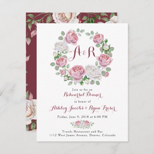 バーガンディピンクローズリハーサルディナー 招待状 (正面/裏面)