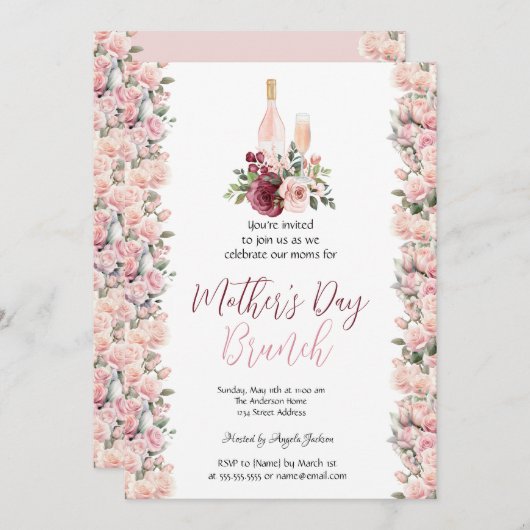 バーガンディピンクローゼズワインマザーズデイブランチ 招待状 (正面/裏面)