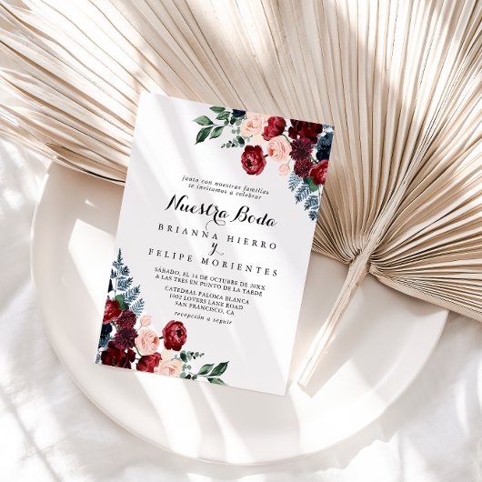 バーガンディピンク ネイビー フラワーの私たちの結婚式 ウェディング 招待状