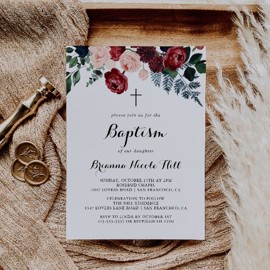 バーガンディピンク ネイビー フラワー カリグラフィー 洗礼 招待状