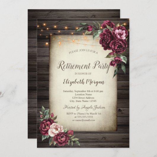 バーガンディフラワーズブラウンウッドリタイアメント招待状 招待状 (正面/裏面)
