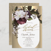 バーガンディフラワーズ金ゴールドブライダルシャワー 招待状 (正面/裏面)