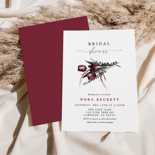 バーガンディフラワーバンチブライダルシャワー 招待状