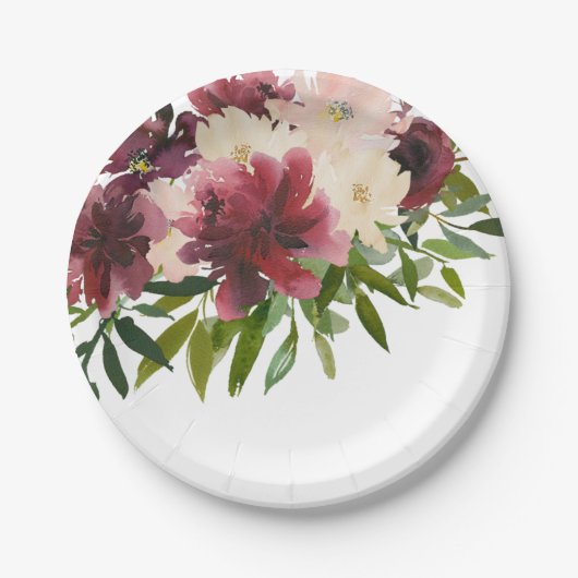 バーガンディフラワーフローラ水彩 ペーパープレート (正面)