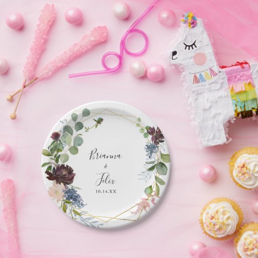 バーガンディフローラと結婚緑のケーキ ペーパープレート (パーティー)