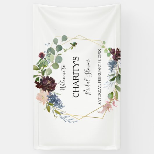バーガンディフローラと緑のブライダルシャワー 横断幕 (縦)