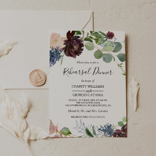 バーガンディフローラと緑のリハーサルディナー 招待状