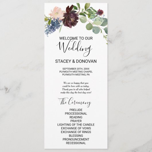 バーガンディフローラと緑の結婚式 プログラム (正面)