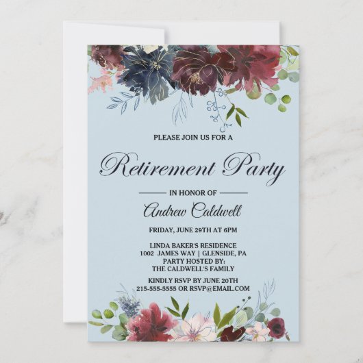 バーガンディフローラと緑の退職パーティー 招待状 (正面)